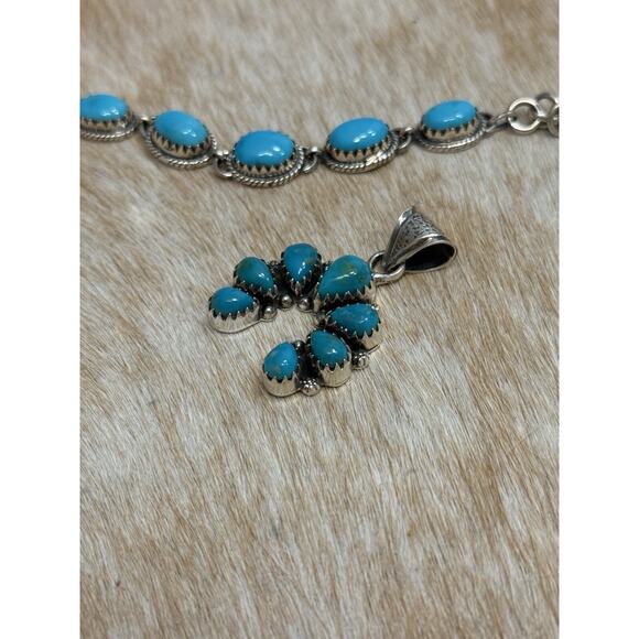 Native American SW Sterling Silver Blue Turquoise Naja Squash Blossom Pendant - Picture 6 of 7